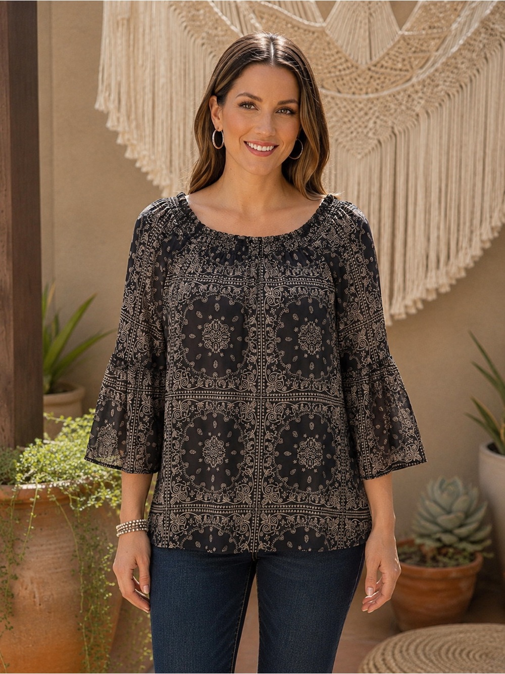 Blu Pepper Black Printed Peasant Top with Bell Sleeves Size Medium